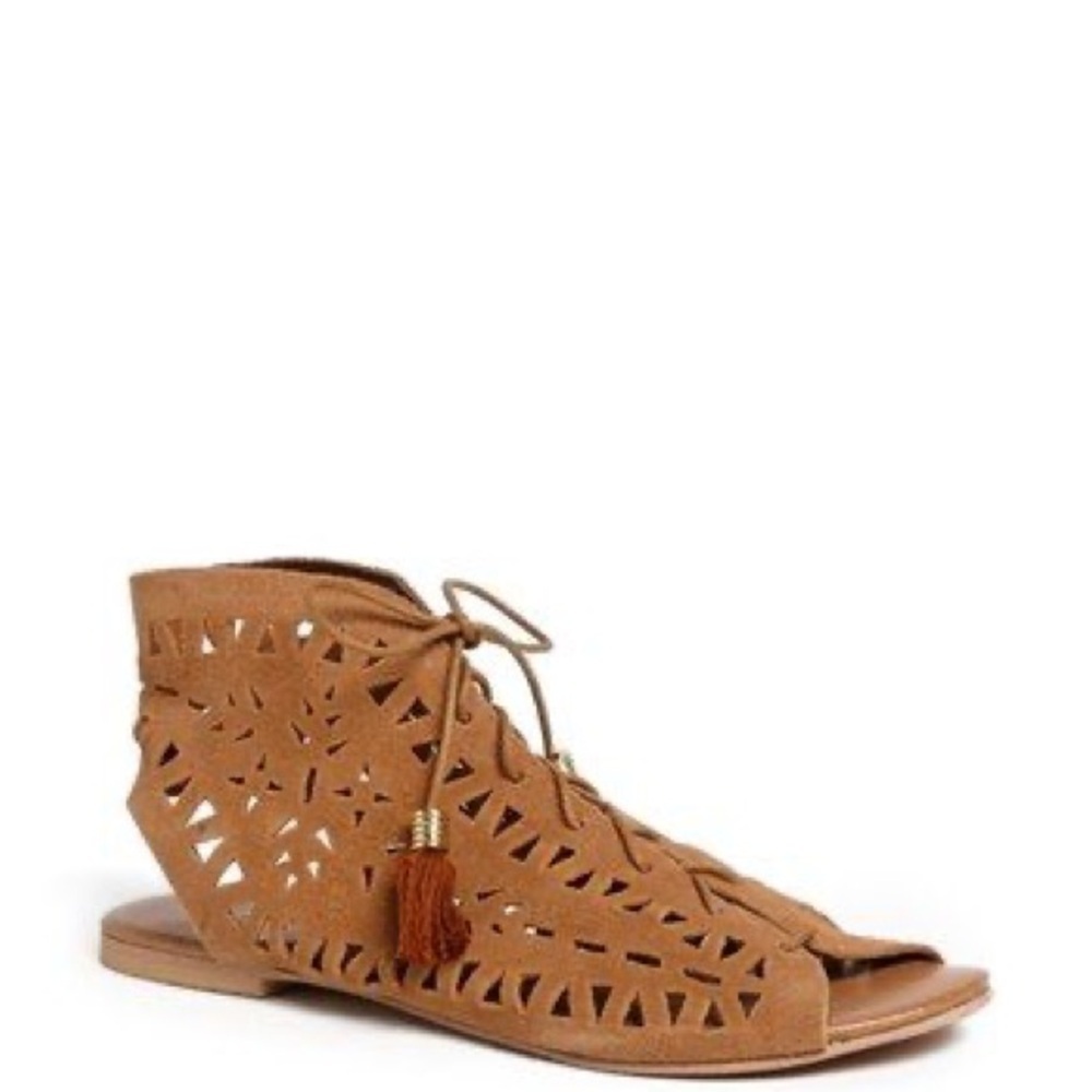 Matisse x Ascot Friday Boheme Moccasin Fringe Cut Out Brown Suede Sandals Tan 7